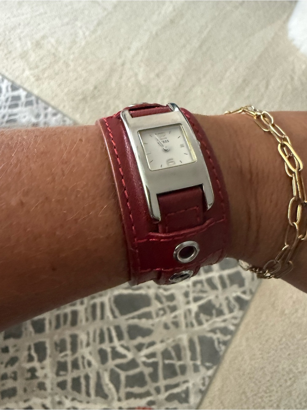 Guess Red Leather Wrap Watch Bracelet